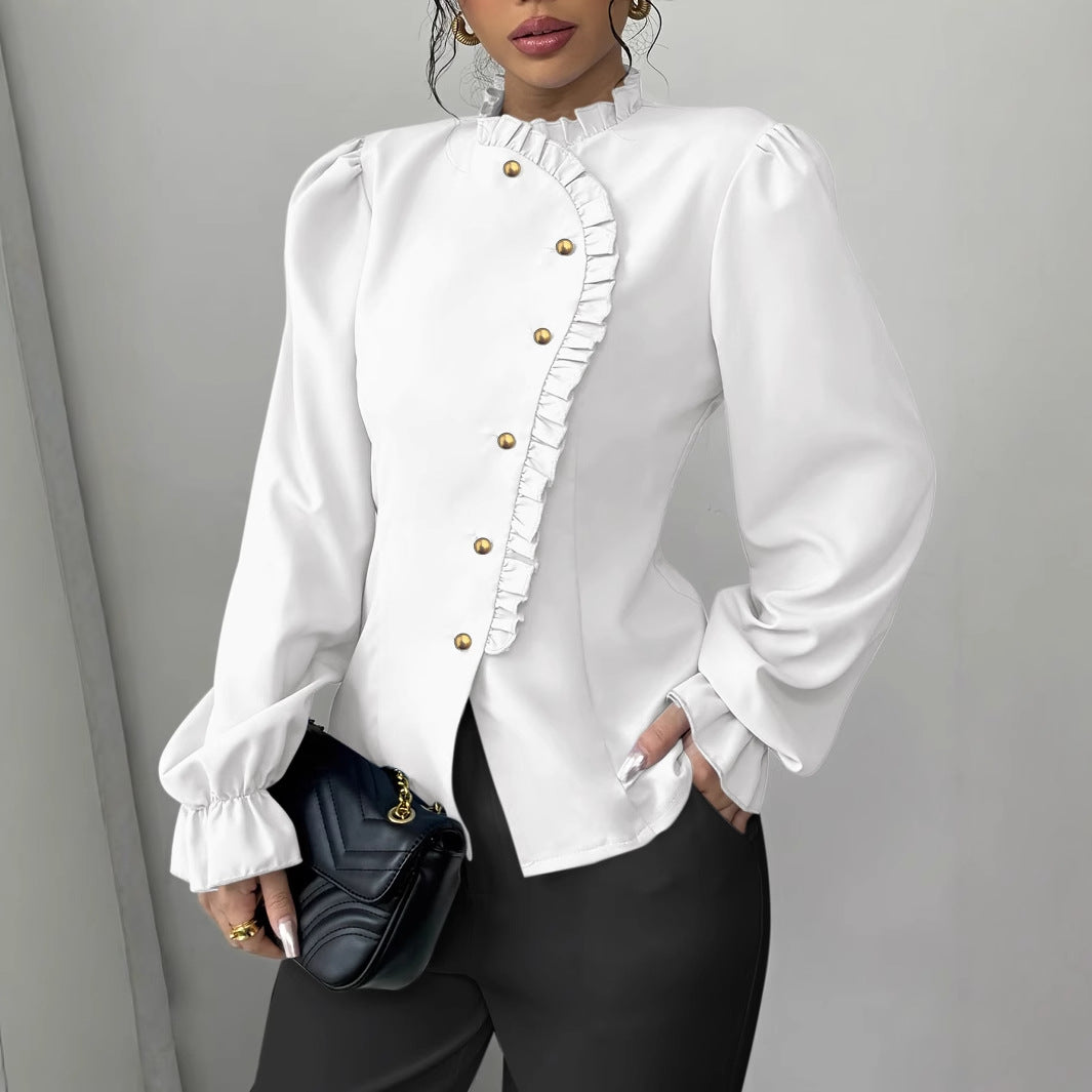 Women's Elegant French Asymmetrical Button-down Collar Ruffle Long Sleeve Blouse