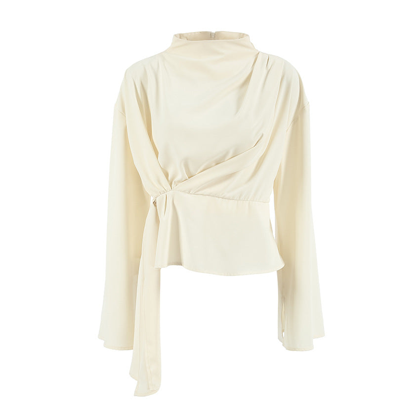 Small Stand Collar Chiffon Bell Sleeve Pleated Split Shirt