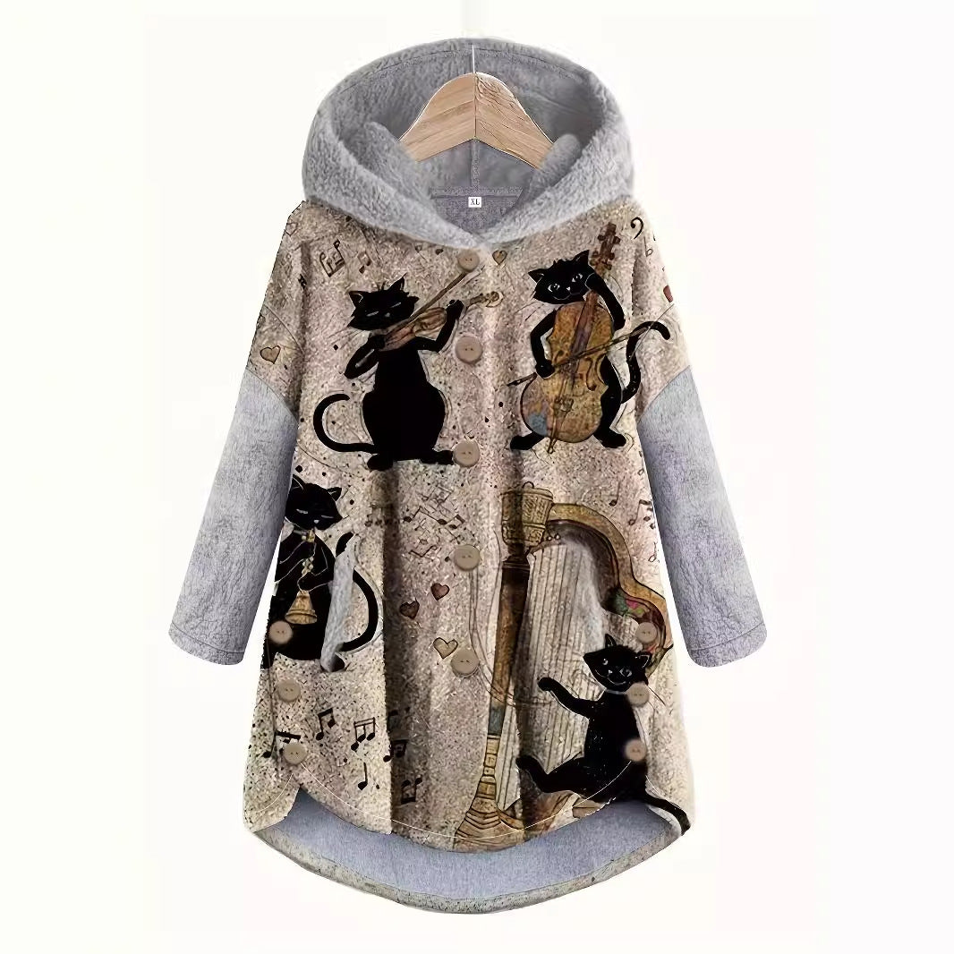 Plush Hooded Printed Casual Women's Sweater