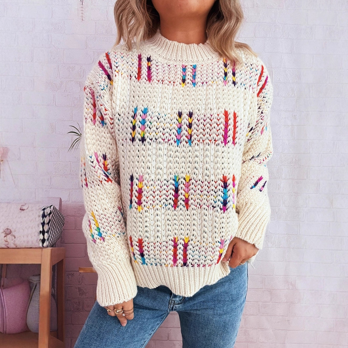 Contrast Color Cute Style Knitted Pullover Sweater for Women