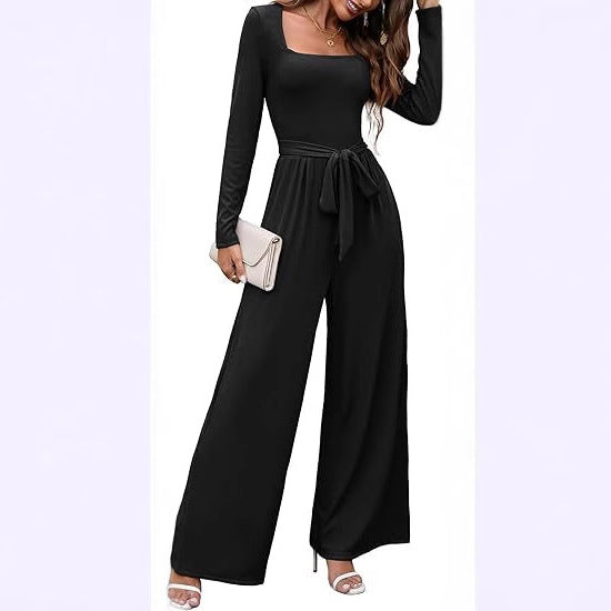 Chic Square-Neck Long-Sleeve Wide-Leg Jumpsuit with Belt