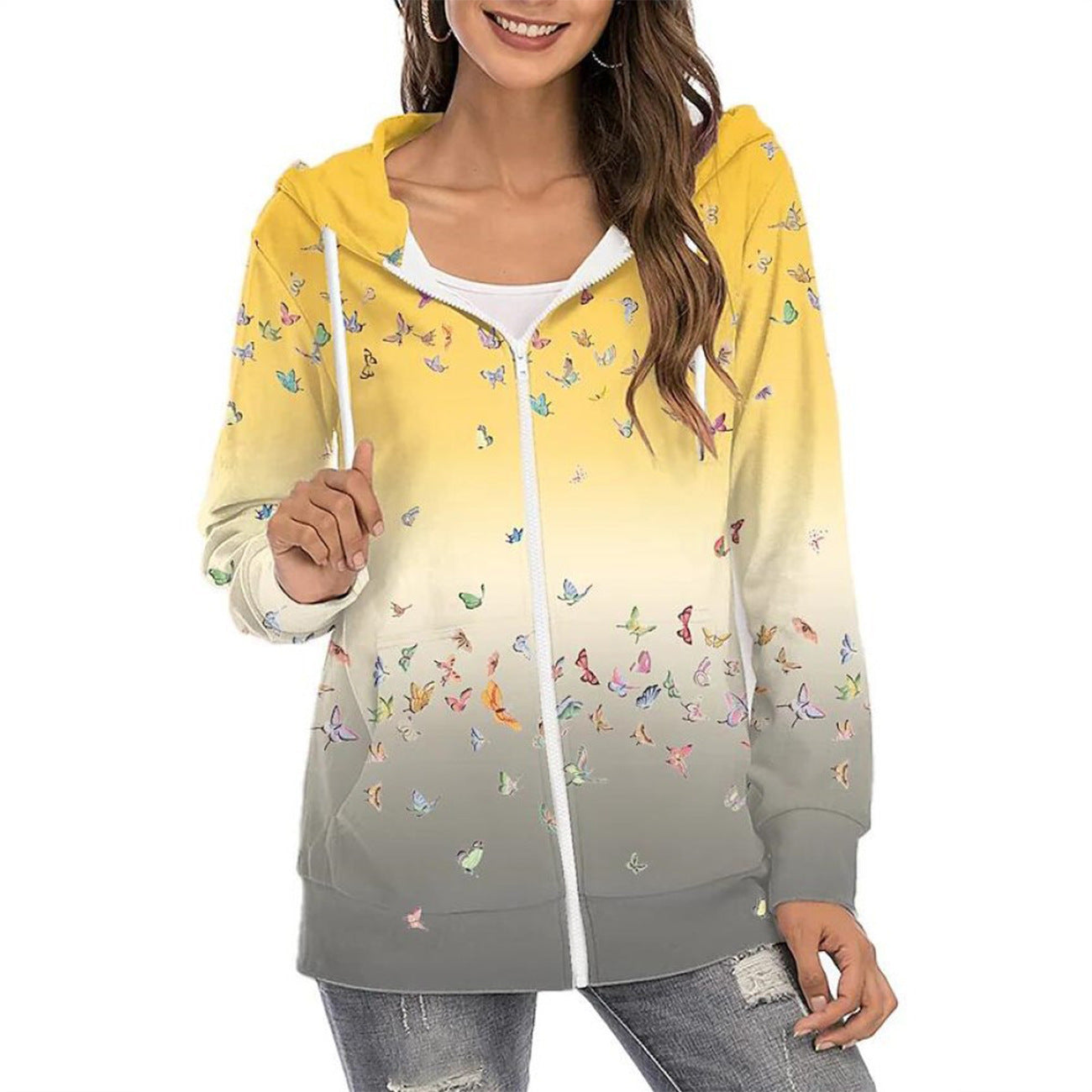 Women's Gradient Floral Print Zipper Commuter Hoodie