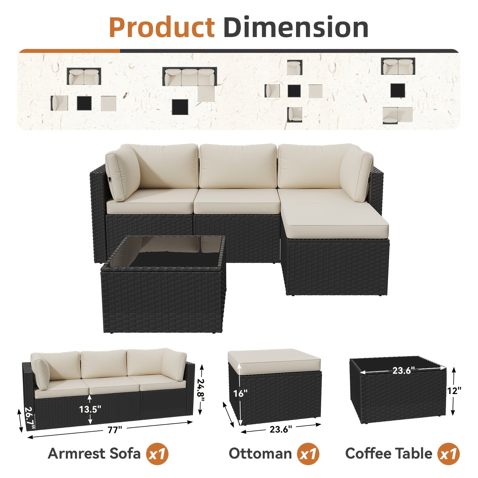 5pcs Patio Furniture Set Outdoor Rattan Conversation Set, L-Shaped Sectional with Beige Cushions, Glass Top Coffee Table And Ottoman, All-Weather Wicker Furniture for Garden, Poolside, Backyard, Off-White Cushions And Black Wicker Frame