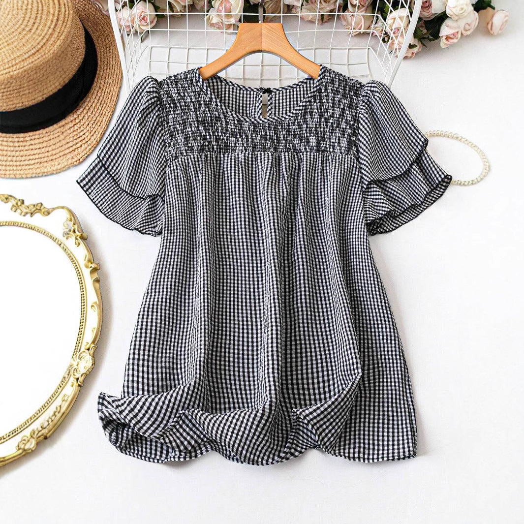Boho Linen Plaid Plus-Size Loose Fit Top – Slimming Round Neck