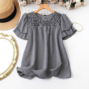 Boho Linen Plaid Plus-Size Loose Fit Top – Slimming Round Neck