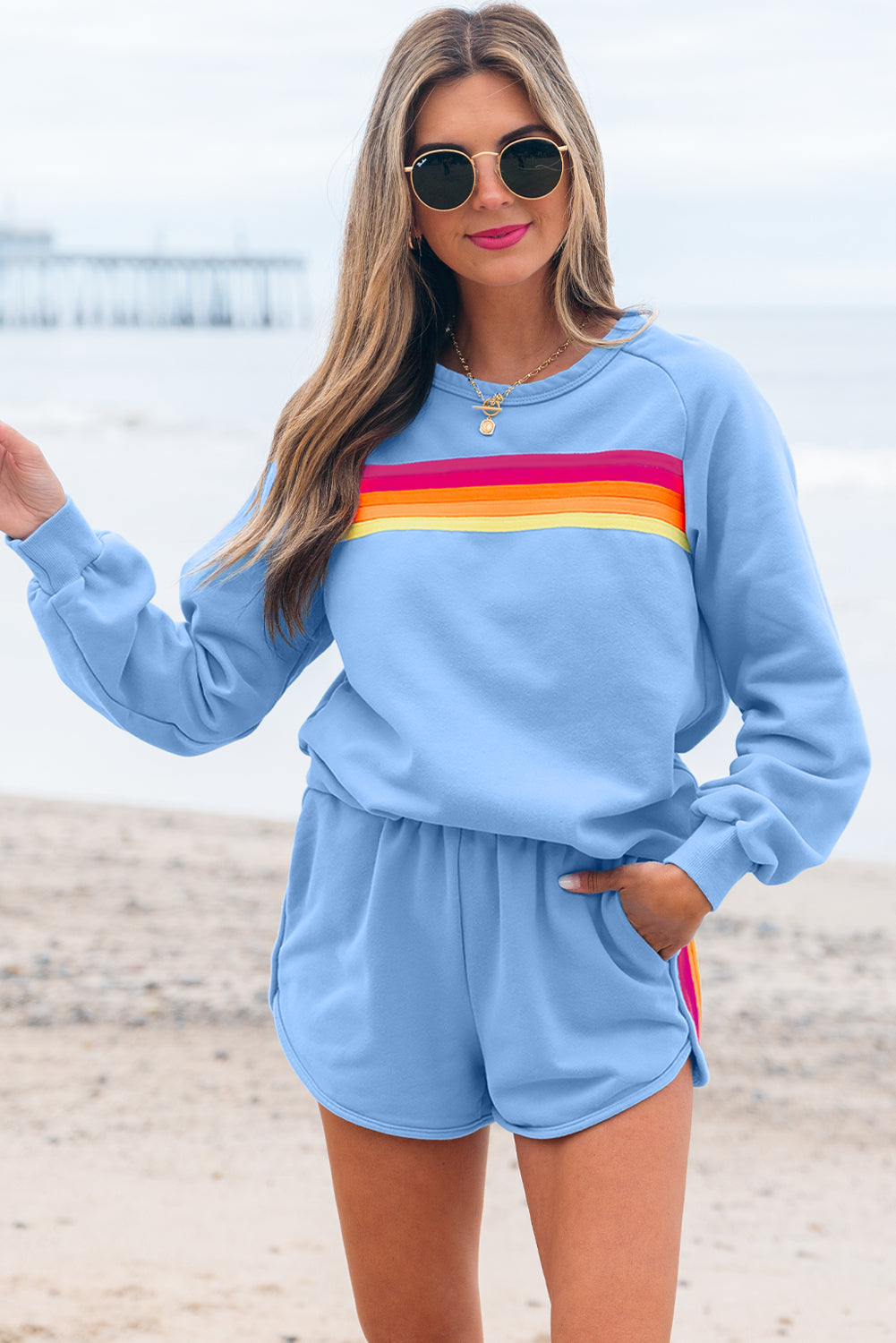 Beau Blue Accent Pullover und Shorts, zweiteiliges Freizeitset