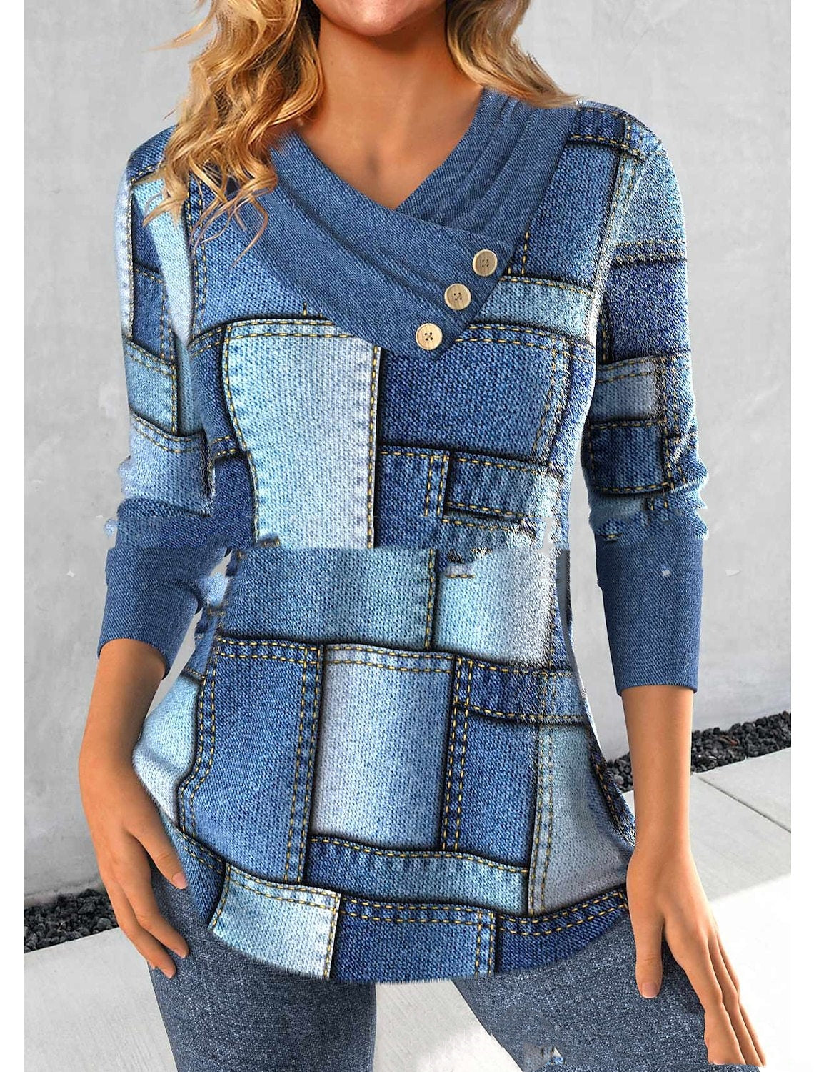 Three-button V-collar Contrast Color Long-sleeved Sweater