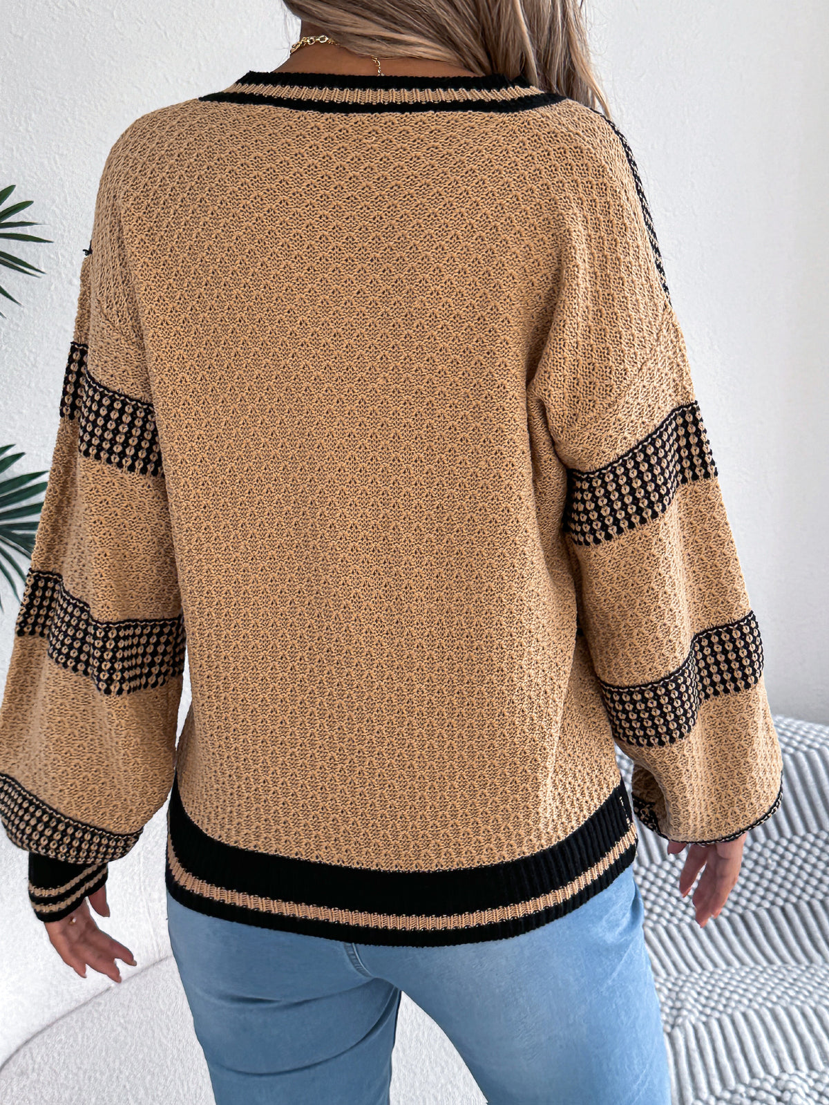 Women V-neck Color Block Stripe Lantern Sleeve Pullover Sweater
