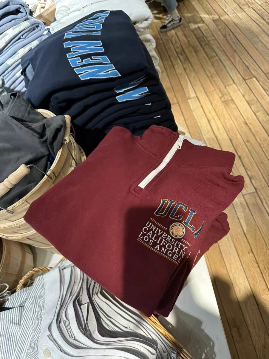 Wine Red Half-Zip Terry Pullover Sweater