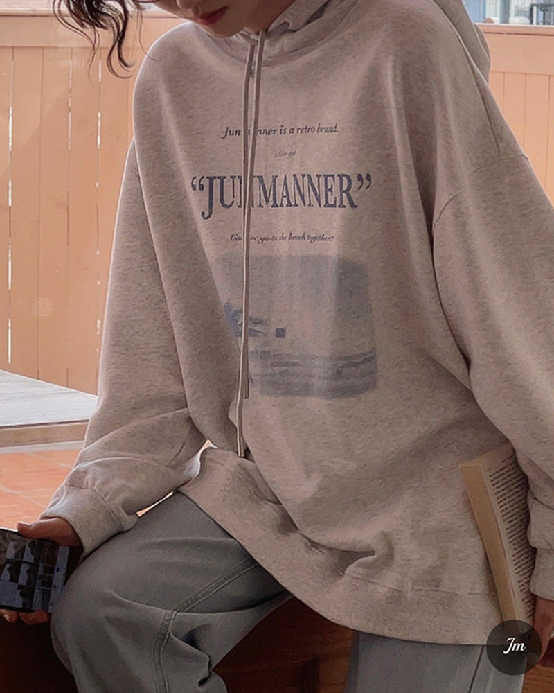 Vintage Letter Print Oversized Hoodie for Women