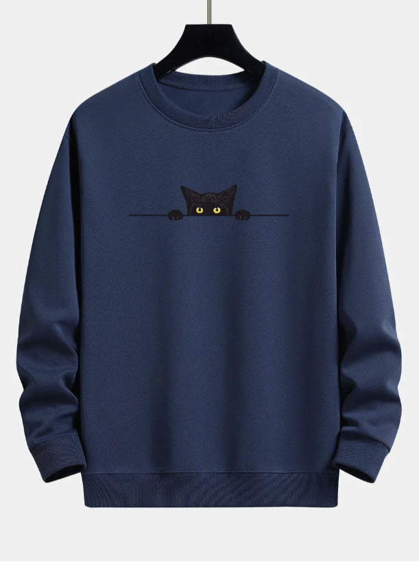 Cute Cat Print Round Neck Pullover Sweater