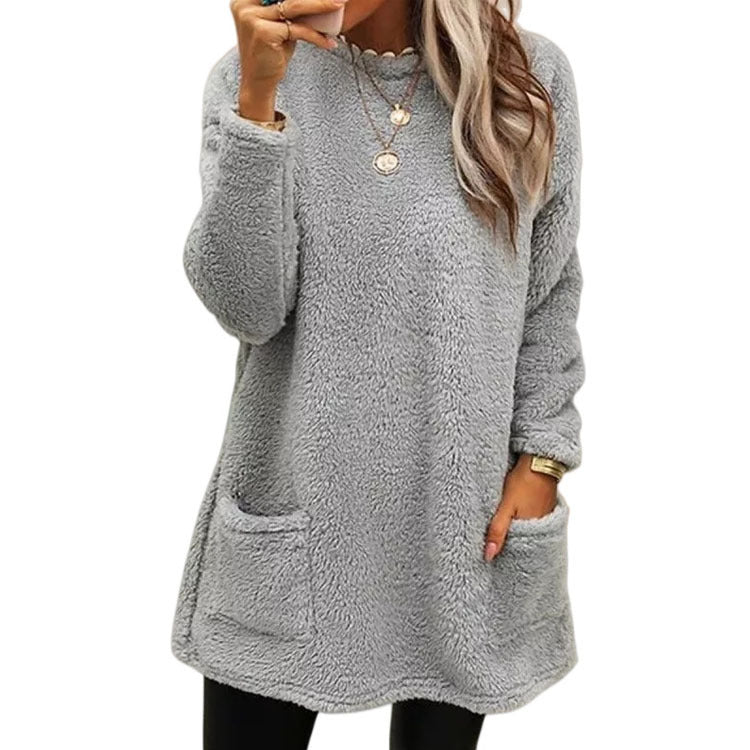 Women's Casual Pocket Long Sleeve Velour T-Shirt Dress