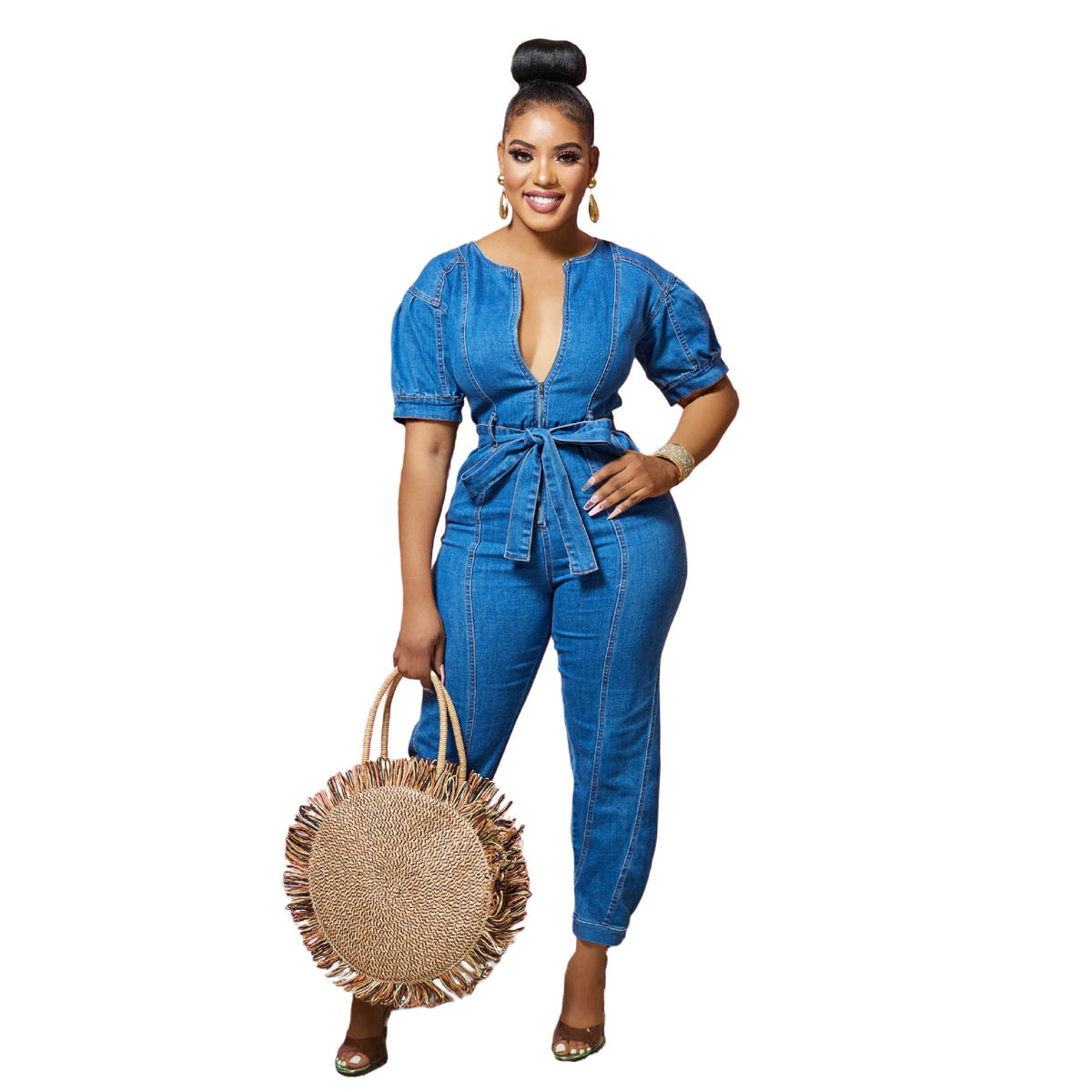 Women's Casual Blue Washed Denim Jumpsuit
