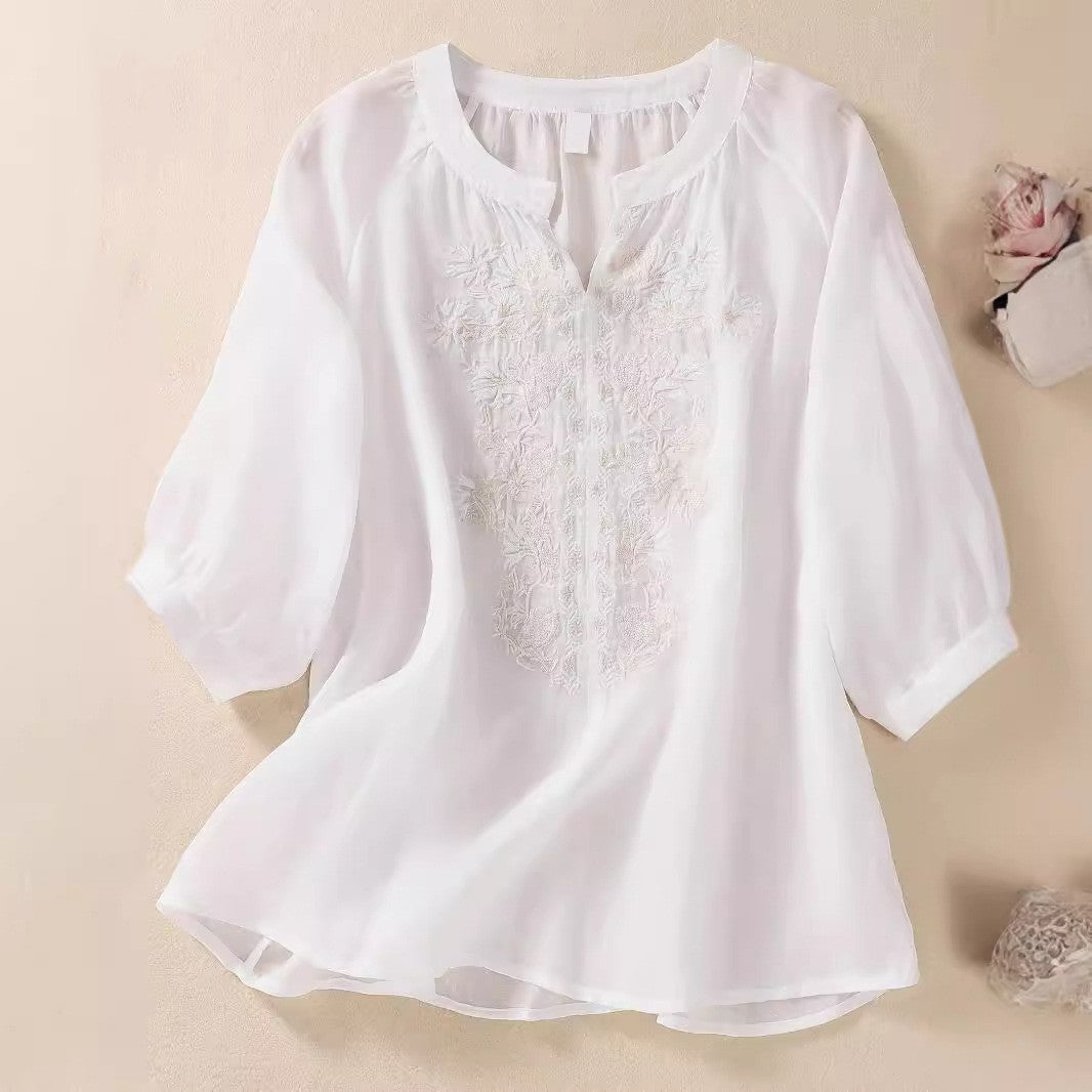 Women's Cotton And Linen Three-quarter Sleeve Embroidered Top