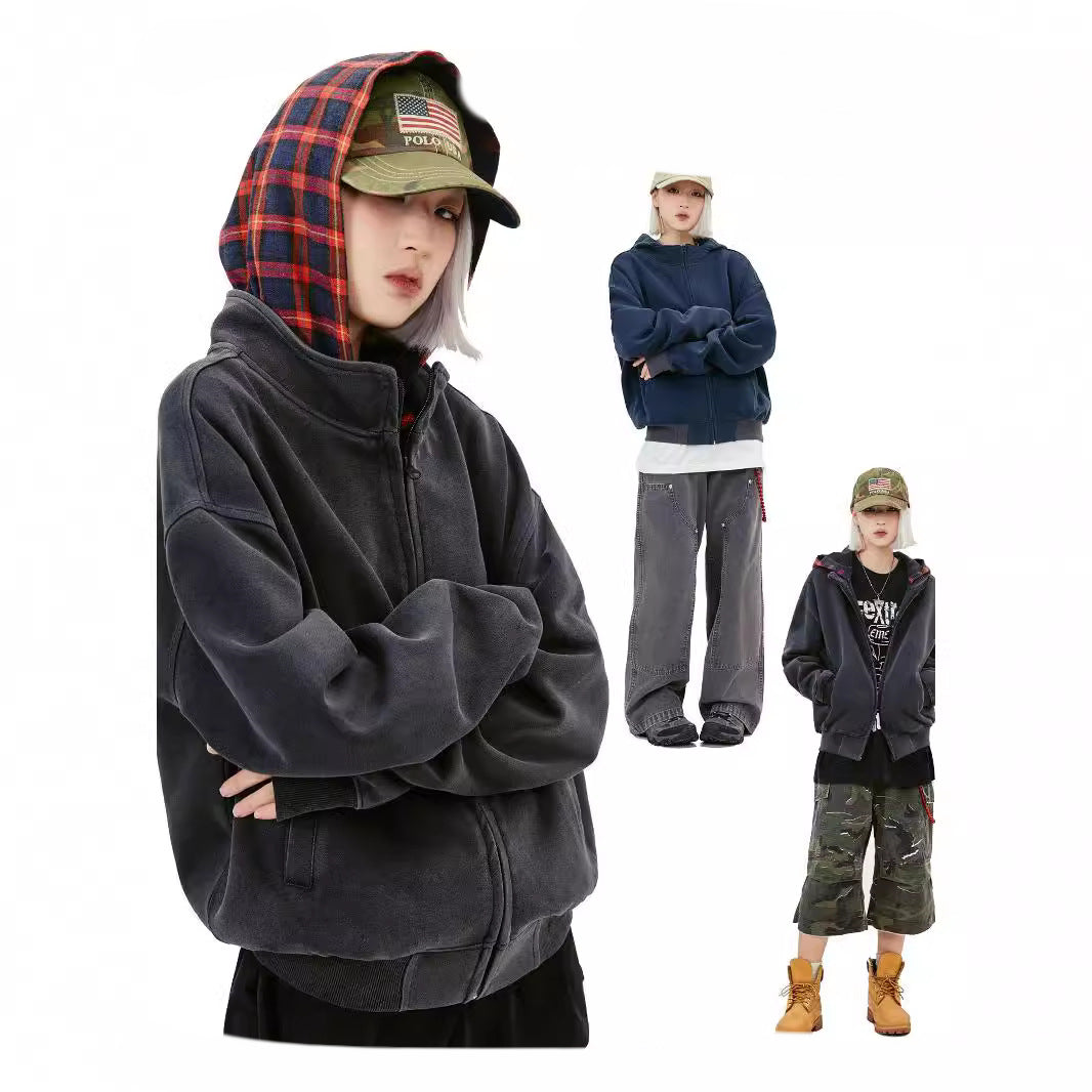 Vintage Plaid Hooded Zip Sweatshirt