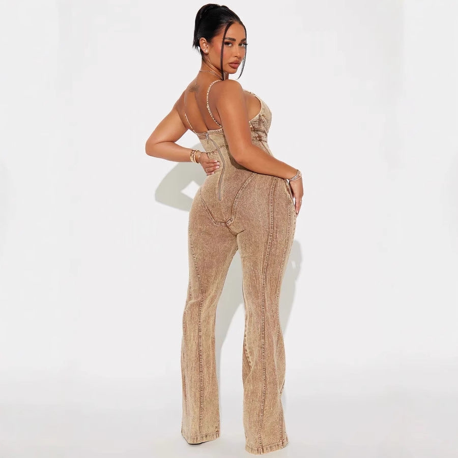 Chic Lace-Up Denim Jumpsuit with Hollowed-Out Waist