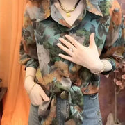 Fashionable Artistic Retro-printed Polo-neck Shirt Sophisticated Western-style Loose-fitting Versatile Top