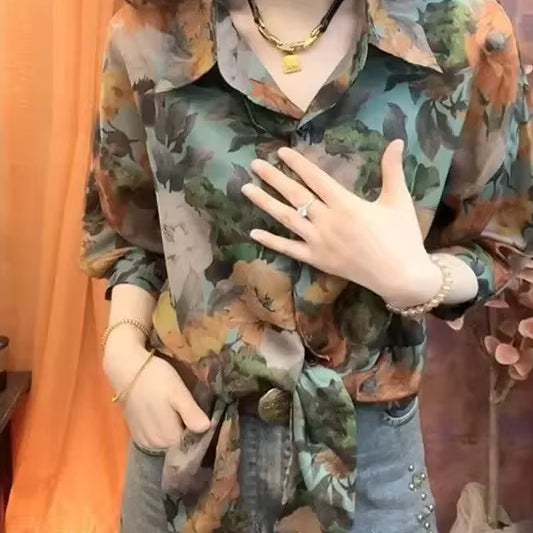 Fashionable Artistic Retro-printed Polo-neck Shirt Sophisticated Western-style Loose-fitting Versatile Top