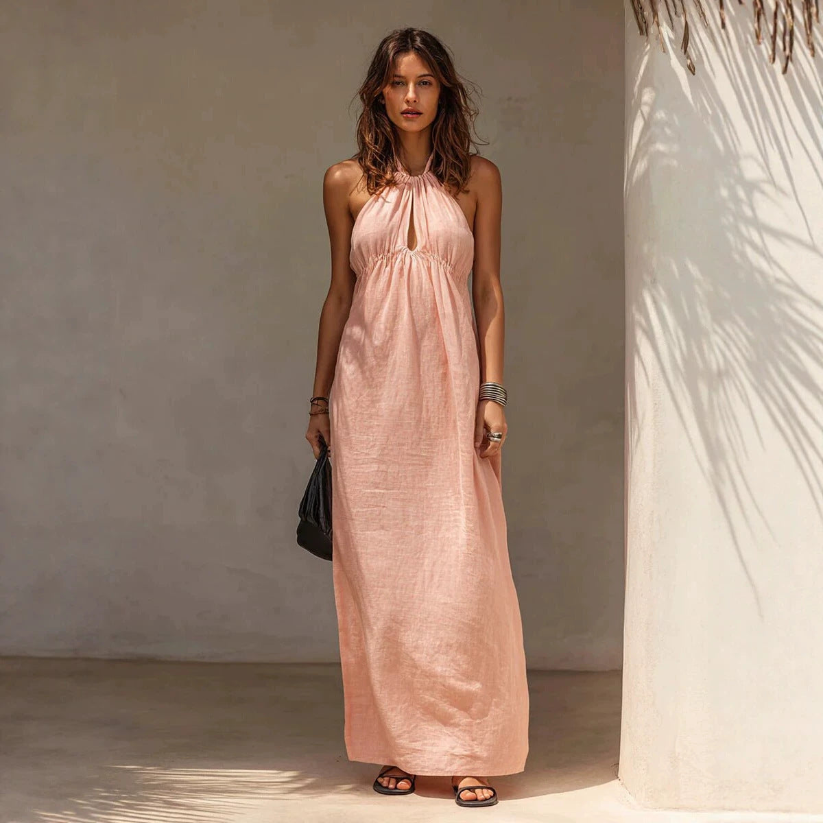 Womens Solid-color Long Halter-neck Dress