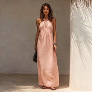Womens Solid-color Long Halter-neck Dress