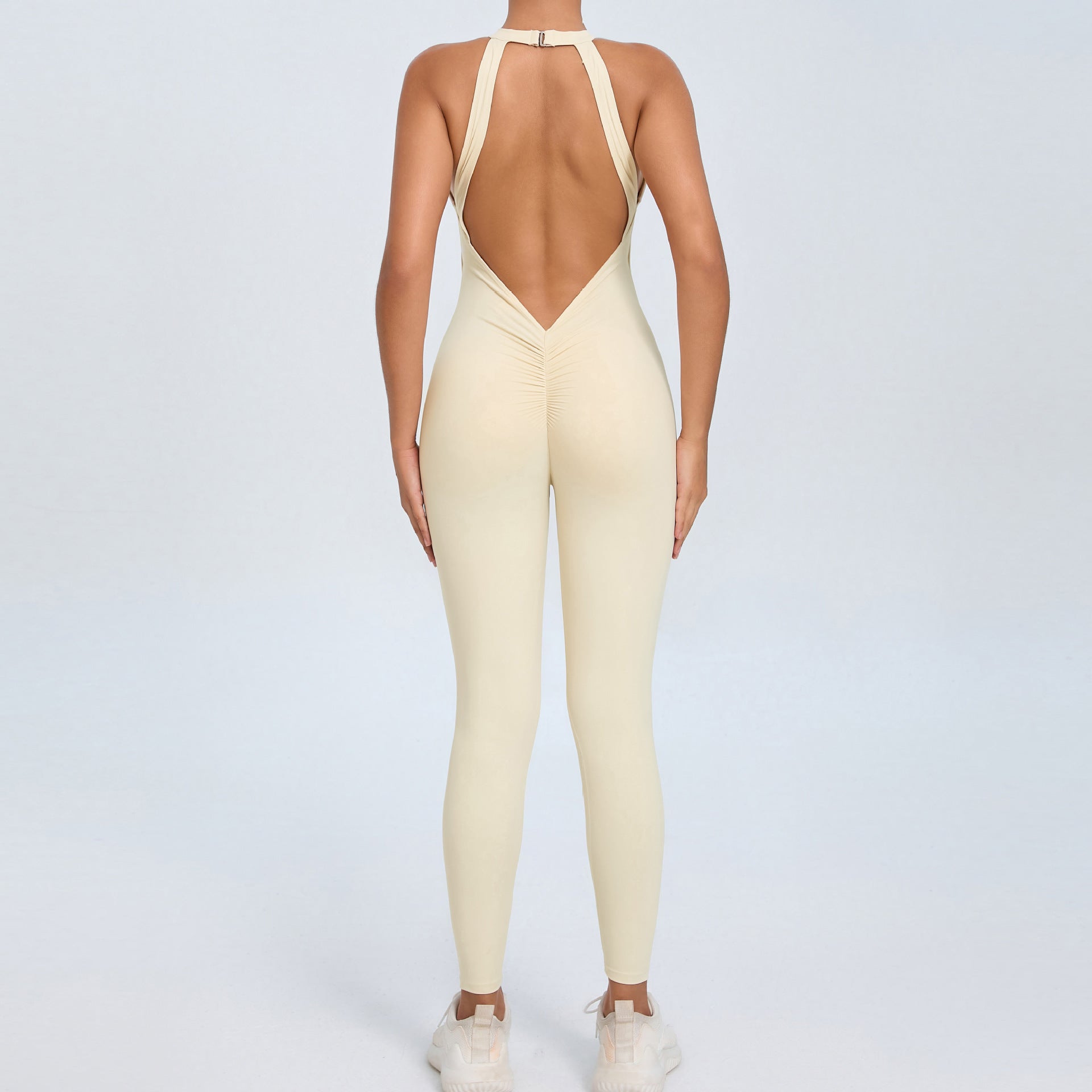 Womens Back-Clasp Yoga Bodysuit With Peach-Hip Design And Open Back