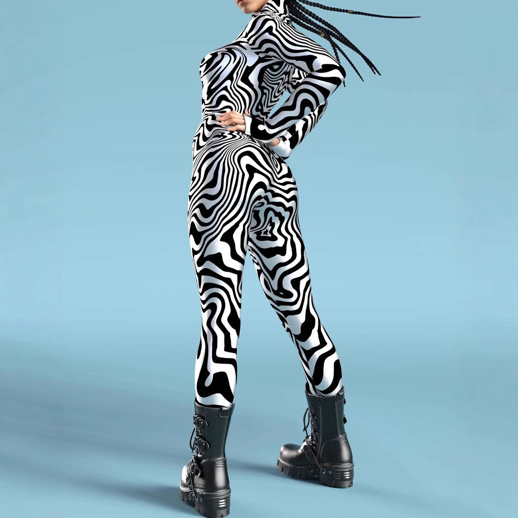 Edgy 3D Skull Print Form-Fitting Women's Bodysuit