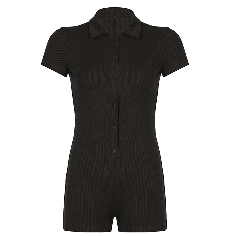 Women's Ribbed Lapel Button-Front Short Jumpsuit