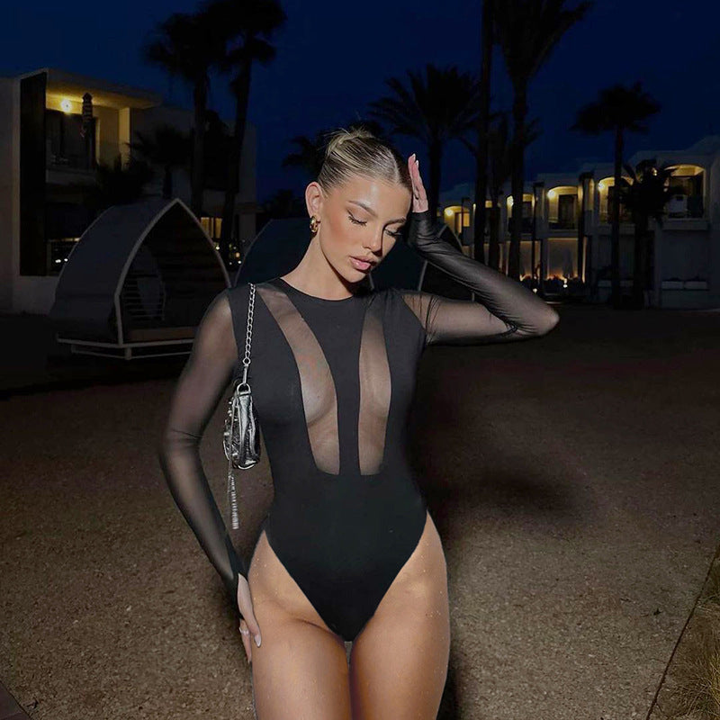 Sheer Mesh Long Sleeve Slim Fit Jumpsuit Romper