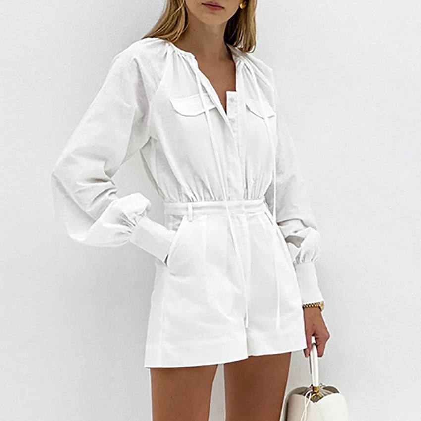 Chic White Cotton Puff Sleeve Romper