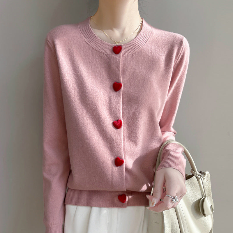 Round Neck Cardigan Red Heart Buckle Sweater for Women