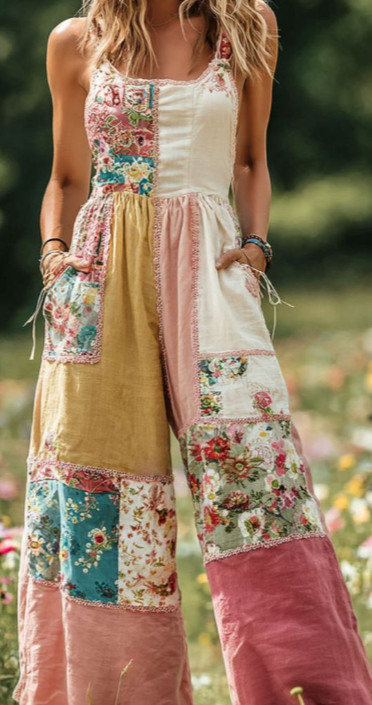 Women's Vintage Print Sleeveless Casual Jumpsuit with Pockets