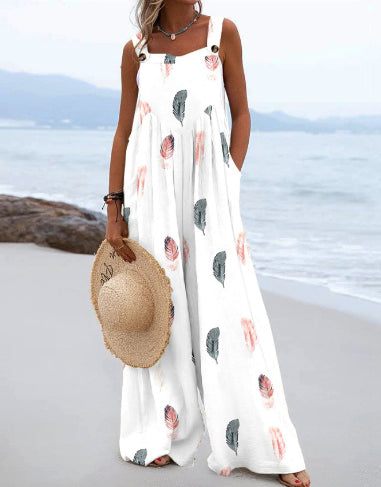Chic Digital Print Button Romper with Wide Legs