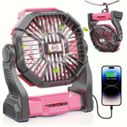 Three-in-One Battery Powered Camping Fan with LED Lantern, Timer and Rotating Base