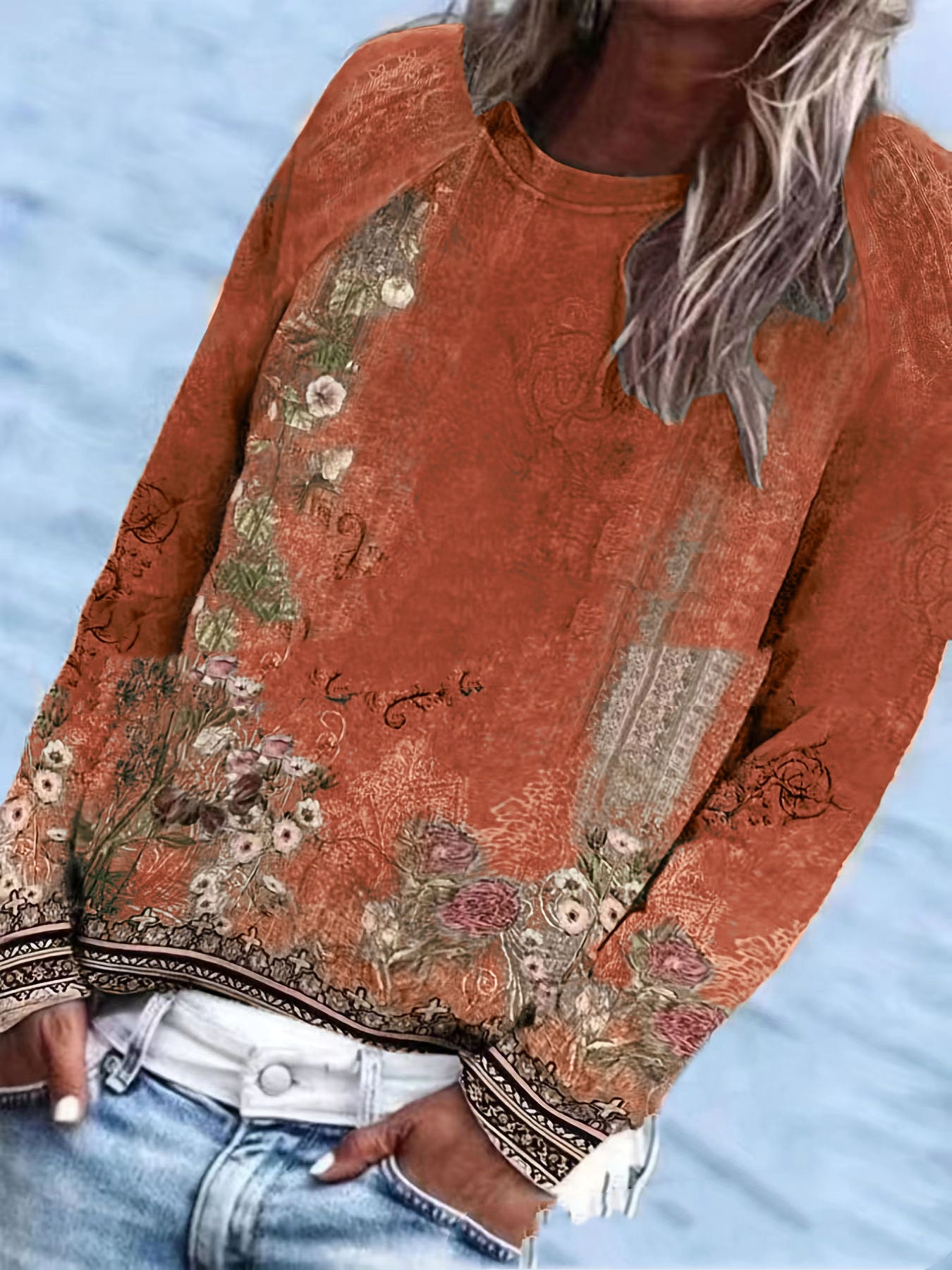 Printed Raglan Sleeve Pullover Sweatshirt