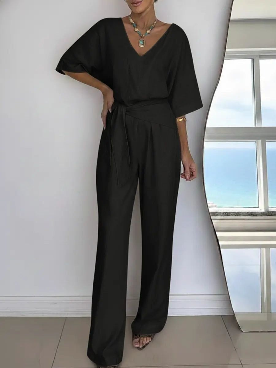 Chic V-Neck Belted Casual Jumpsuit