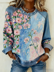 Denim Patchwork Casual Crew Neck Top for Women