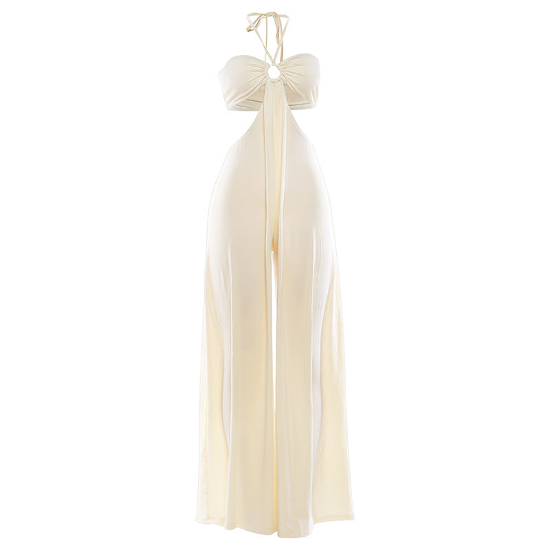Loose Lace Up Hanging Neck Hollow Jumpsuit