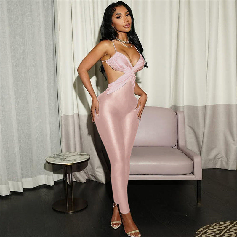 Women's Backless Contrast High-Waist Slim Jumpsuit