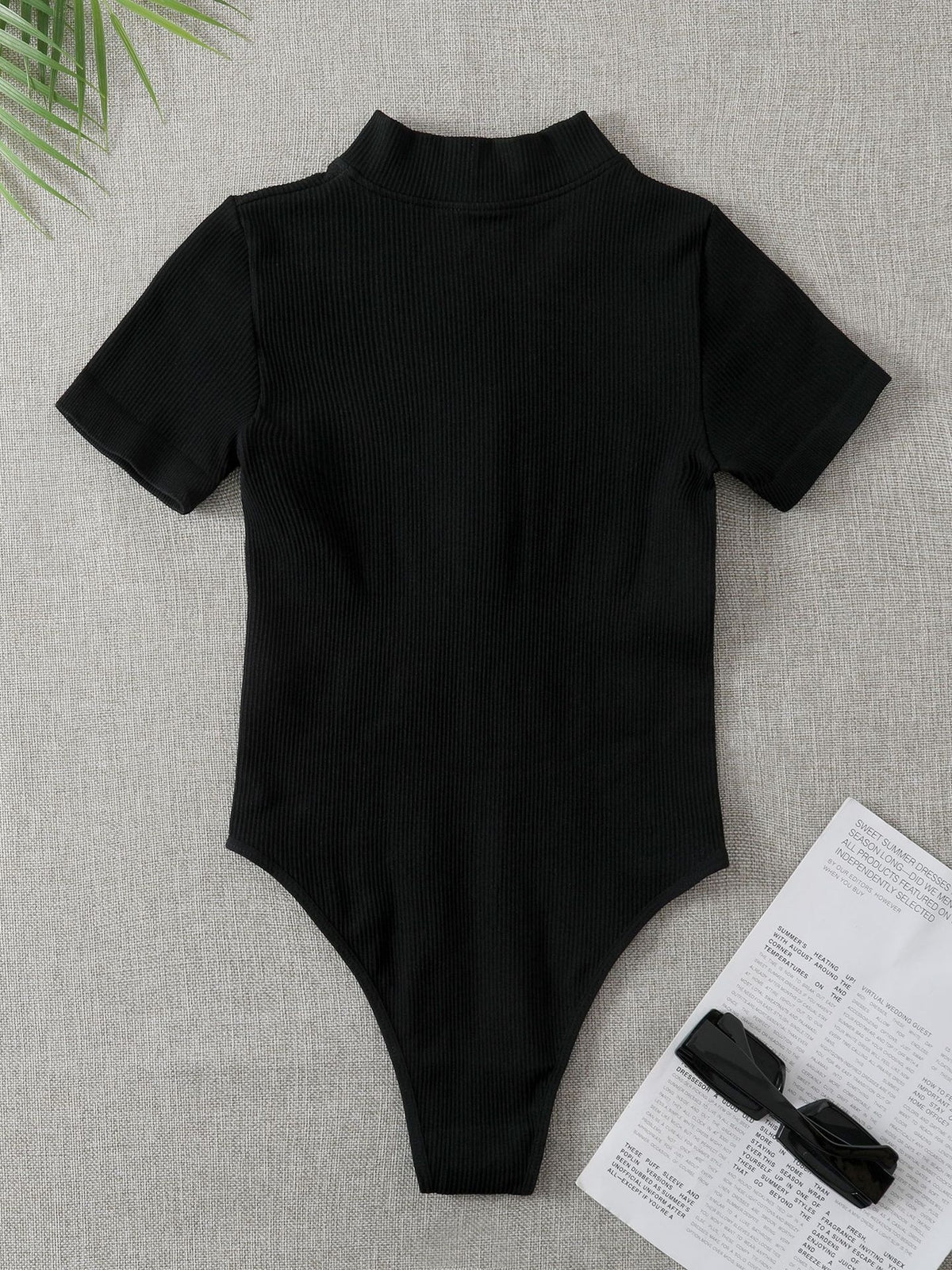 Ribbed Zip-Up Turtleneck Short Sleeve Bodysuit