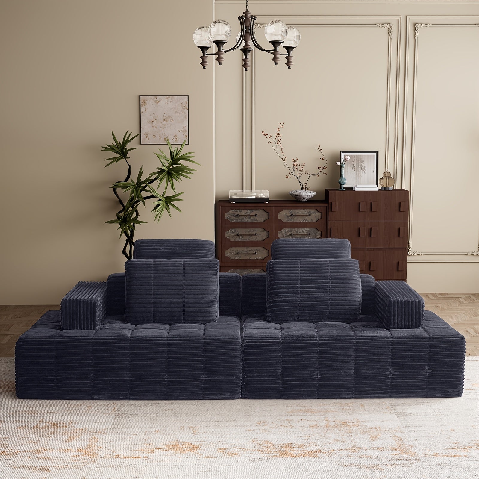 Modular L-shaped chaise longue sofa bed with deep seat and corduroy upholstery