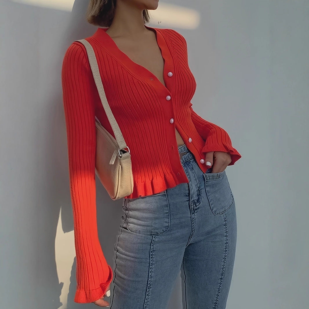Women's V-neck Flounce Knitted Cardigan Sweater