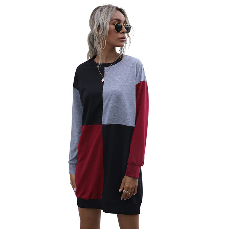 Color Block Long Sleeve Round Neck Pullover Dress