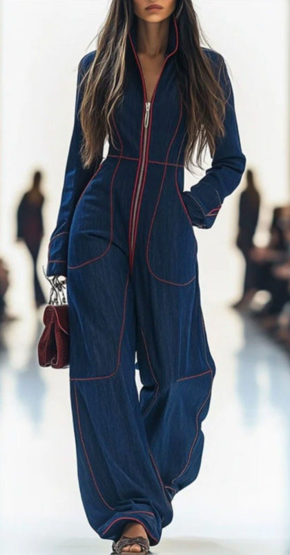 Retro Casual Zippered Long-Sleeve Wide-Leg Jumpsuit