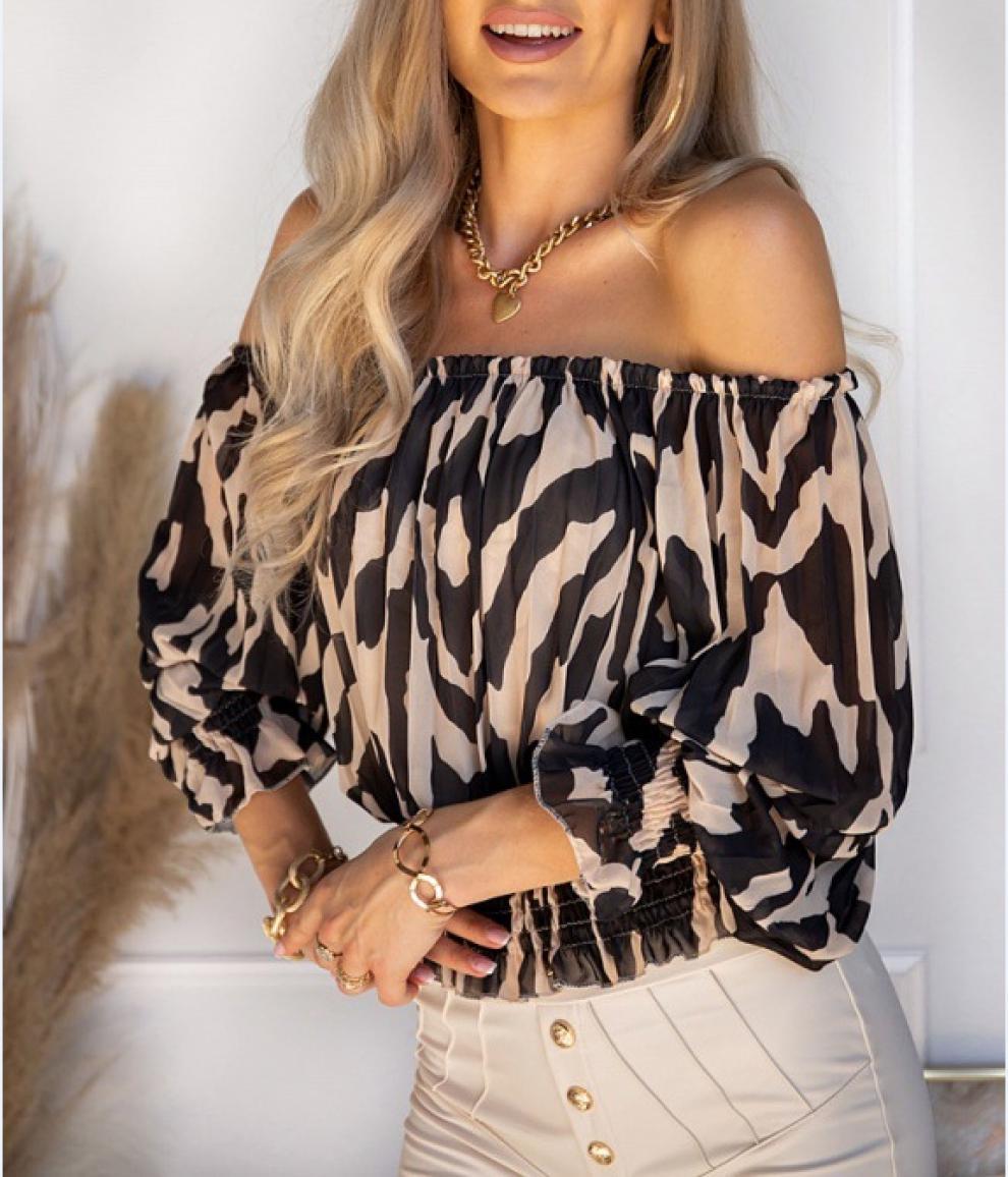 Women's Geometric Print Off-The-Shoulder Lantern Sleeve Top