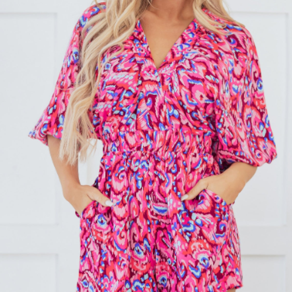 Abstract Print V-Neck Puff Sleeve High Waist Romper