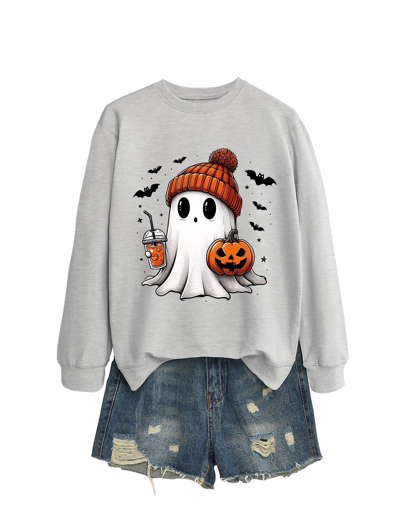 Pumpkin Print Long Sleeve Crew Neck Sweatshirt