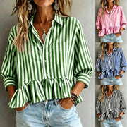 Striped Ruffle‑Trim Short Shirt – Trendy 3/4 Sleeve for Women