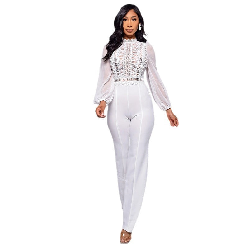 Elegant Lace Long-Sleeve High-Waist Jumpsuit