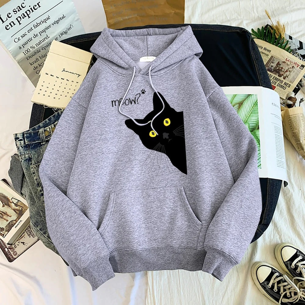 Plus Size Black Cat Fleece Hooded Sweatshirt