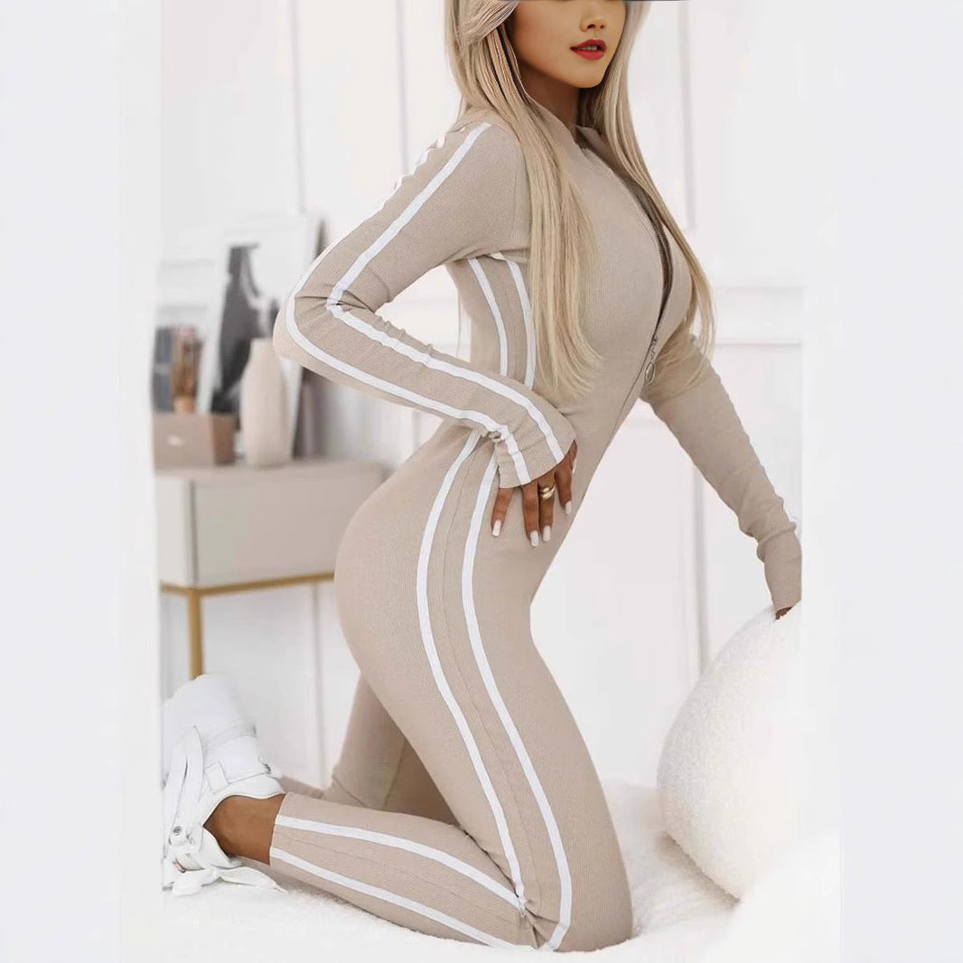 Women's Slim Striped Half-Zip Jumpsuit